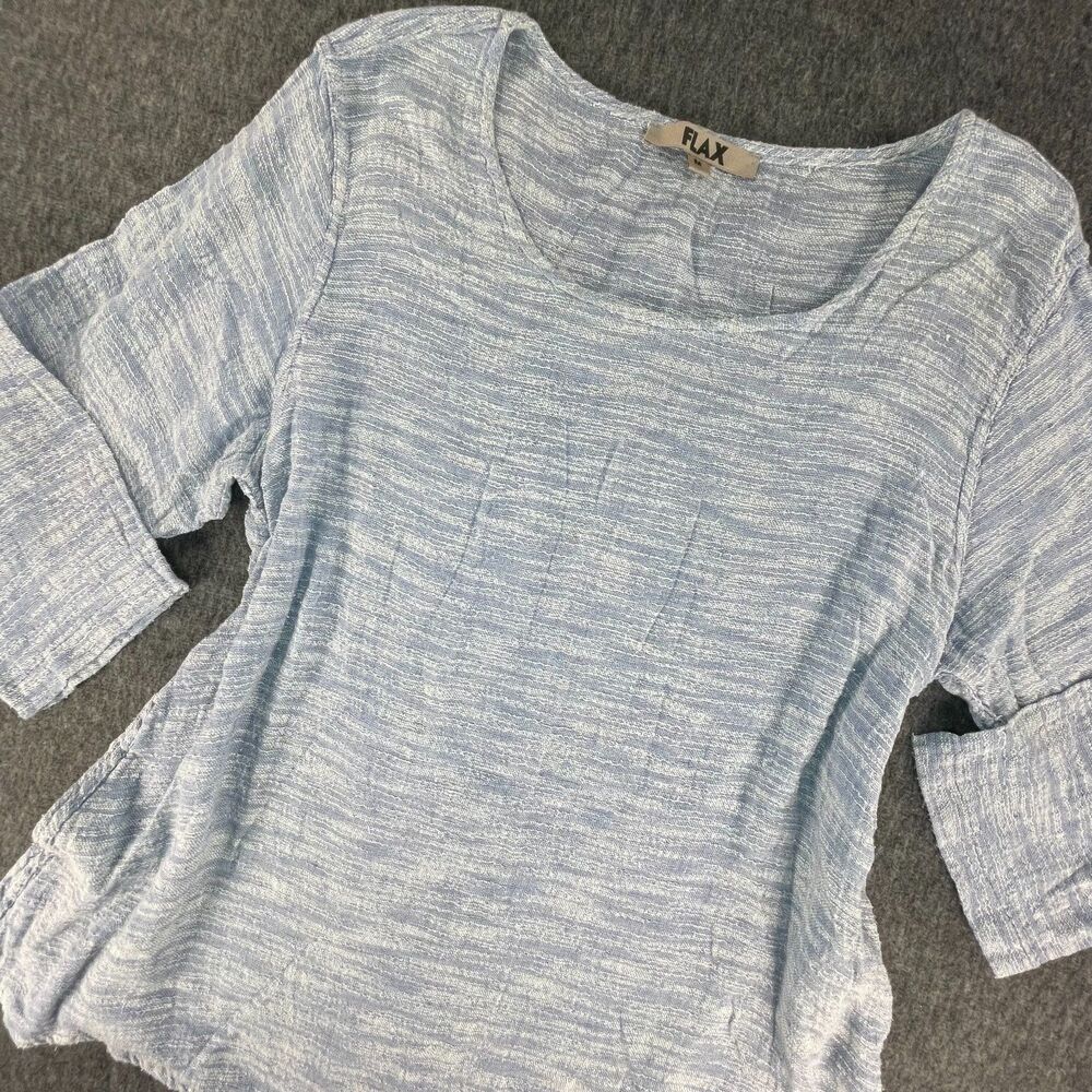 FLAX Size Medium Blue White Space Dye Linen Top 3/4 Sleeve Lagenlook Coastal - Picture 2 of 11